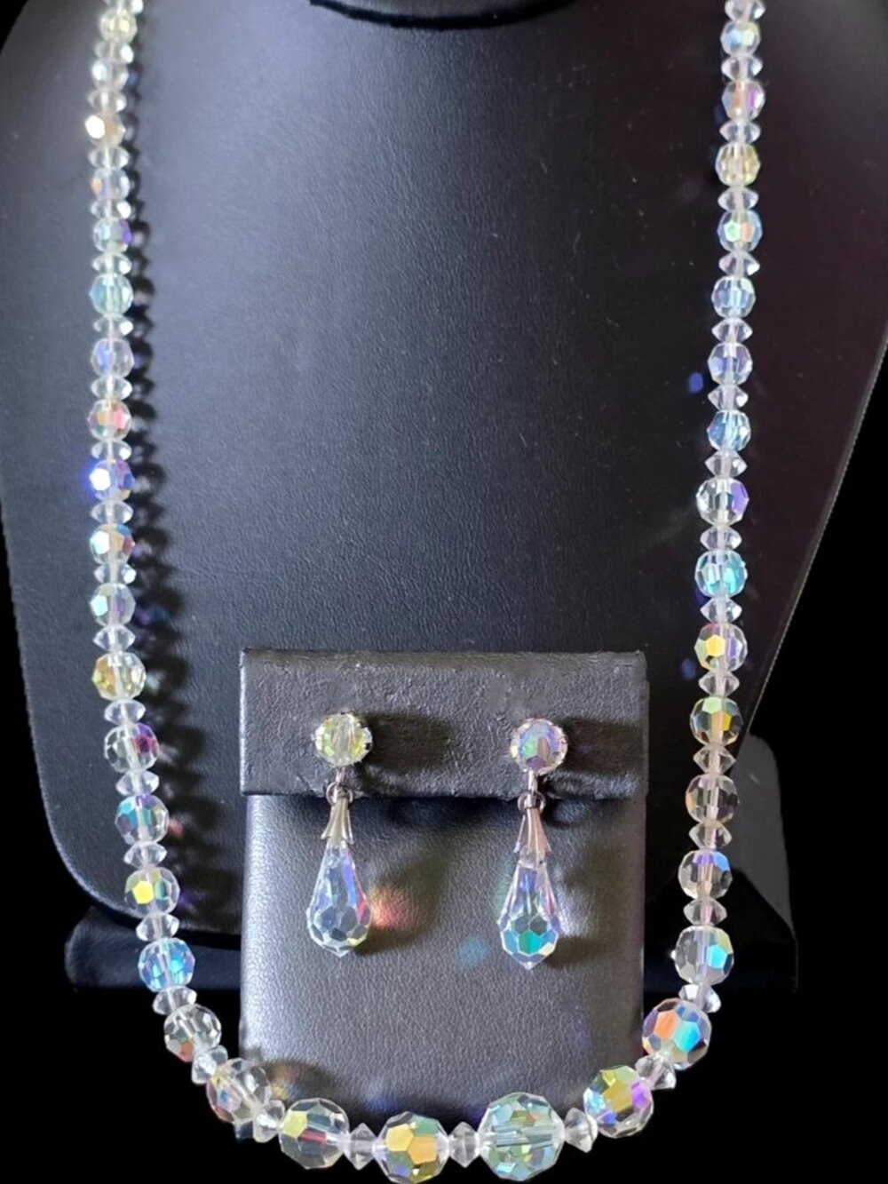 Vintage Long 26" strand Aurora Borealis AB crystal Necklace Earrings Set